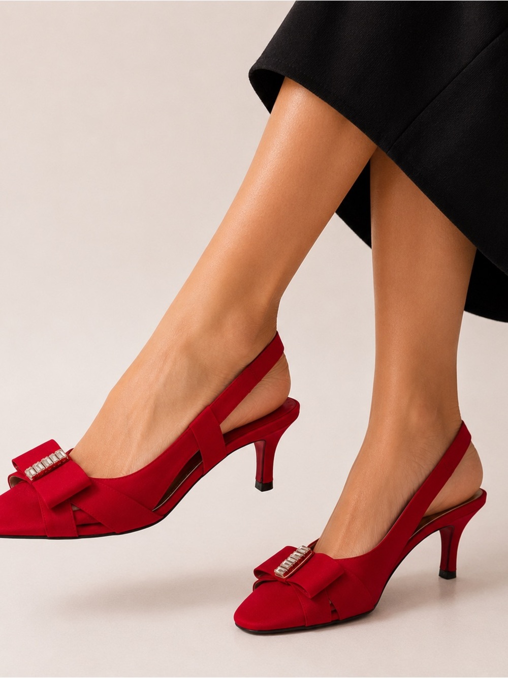 Nina New York Red Satin Slingback Bow Heels Crystal Accent Size 8